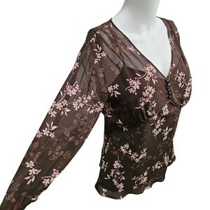Vintage Silk Brown Floral Sheer Top Size 6 Babydoll Romantic Blouse Forest Fairy
